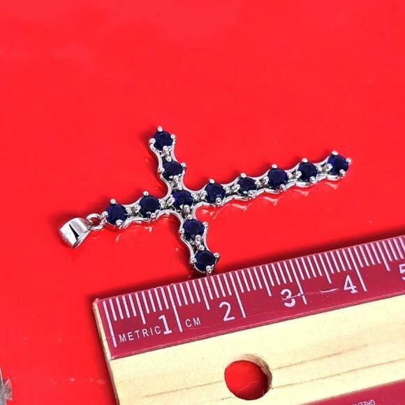 925 Sterling Silver Pendant Cross 2.5x4cm with Natural Sapphire Gem - Picture 4 of 7